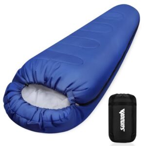 Blauer Schlafsack Outdoor für Camping mit konischer Form und wetterfestem Material, ideal für Erwachsene, geeignet für 3 Jahreszeiten und Rucksackreisen.