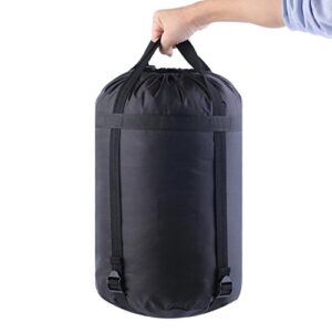 Schwarzer wasserdichter Schlafsack Kompressionssack für Outdoor Aktivitäten, ideal für Camping und Reisen, mit Kordelzugverschluss und verstärkten Tragegriffen.