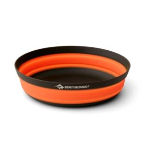 Faltbare Schüssel in orange für Camping und Outdoor-Aktivitäten, aus lebensmittelechtem Silikongummi, ideal für Rucksackreisen.