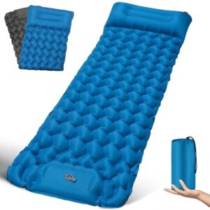 Selbstaufblasende Isomatte für Camping und Outdoor-Aktivitäten in Blau, ultraleicht, mit Kopfstütze und rutschfester Oberfläche, ideal für Wanderungen und Strandausflüge.