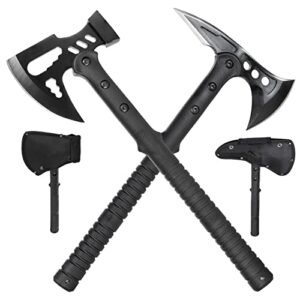 Set aus zwei Äxten, einem M48 Tactical Tomahawk und einer Survival-Axt mit Hammer, in schwarzem Finish auf weißem Hintergrund, perfekt für Outdoor-Aktivitäten und Camping.