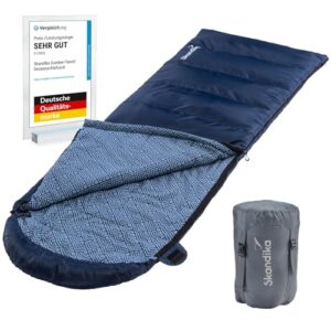 Skandika Deckenschlafsack Dundee Flanell, koppelbar, 3 Jahreszeiten Schlafsack, geeignet bis -20°C, großflächig in dunklem Blau mit hellem Innenfutter, ideal für Camping und Outdoor-Aktivitäten.