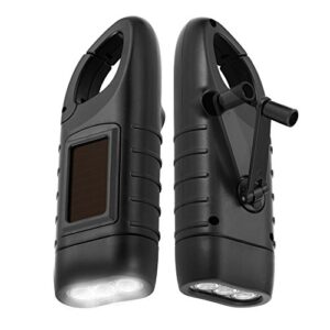 Zwei schwarze solarbetriebene Taschenlampen mit Handkurbel und Karabiner für Outdoor-Aktivitäten wie Camping und Wandern.
