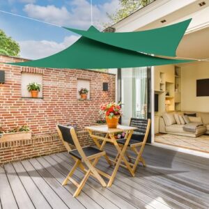 Gleichschenkliges Dreieck Sonnensegel in grün über einem Holztisch auf einer Terrasse, bietet Schutz vor Sonne und sorgt für eine einladende Atmosphäre.