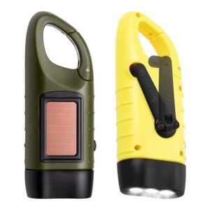 LED Handkurbel Taschenlampe, Wiederaufladbar, 2 Stück Solar Taschenlampe Dynamo mit Karabinerhaken, Tragbare Mini Taschenlampe mit Kurbel und Solarpanel für Camping Freizeit