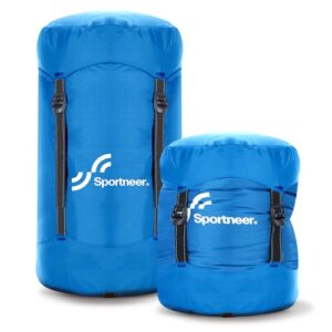Sportneer Kompressionssack in blau, leicht und wasserabweisend, ideal für Reisen, Camping und Outdoor-Aktivitäten. Zeigt zwei Rucksäcke mit funktionalem Design.