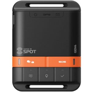Spot Gen4 Satellitengerät für Outdoor-Abenteuer in Schwarz mit orangen Akzenten, ausgestattet mit GPS-Ortungsfunktion und Notruf-Tasten.