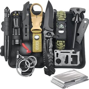 Survival Kit mit verschiedenen Werkzeugen und Ausrüstungsgegenständen für Outdoor-Abenteuer und Notfälle, ideal als Weihnachts- oder Geburtstagsgeschenk für Männer.