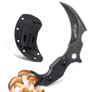 TAN RAN Jagdmesser mit feststehender Klinge aus D2-Stahl, ideal für Outdoor-Aktivitäten wie Pilzesammeln, Wandern und Angeln, abgebildet zusammen mit frischen Pilzen.