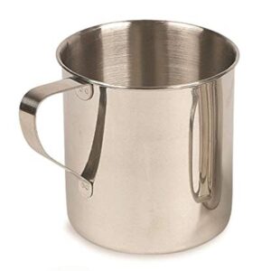 Robuster Edelstahl-Becher mit 450 ml Volumen, ergonomischem Henkel und Volumenskalierung, ideal für Outdoor-Aktivitäten wie Camping und Wandern.