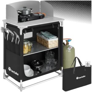 Funktionale Campingküche mit hitzebeständiger Arbeitsplatte, Windschutz und praktischen Aufbewahrungsmöglichkeiten für Outdoor-Abenteuer.