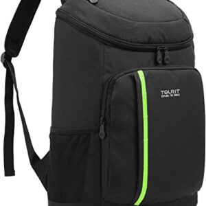 Schwarzer Kühlrucksack mit 28 Litern Volumen, ideal für Outdoor-Aktivitäten, inkl. Flaschenöffner und gepolsterten Schulterriemen.
