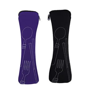 Zwei tragbare Bestecktaschen in Schwarz und Violett aus Neopren mit Reißverschluss, ideal für Utensilien wie Gabeln und Löffel für unterwegs.
