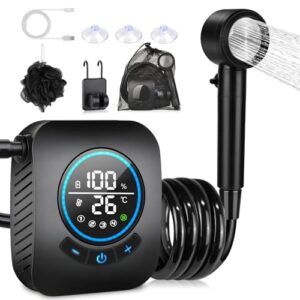 Tragbare Camping Dusche mit digitalem Display zur Anzeige der Wassertemperatur und flexiblem Schlauch für Outdoor-Anwendungen.