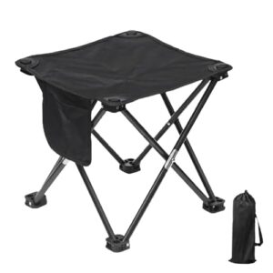 Tragbarer Klapphocker mit Seitentaschen in Schwarz, ideal für Camping, Angeln und Outdoor-Aktivitäten, kompakt und leicht mit einem stabilen Gestell aus Metall.