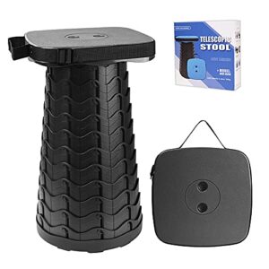 Schwarzer tragbarer Klapphocker mit teleskopierbarer Funktion, ideal für Camping und Outdoor-Aktivitäten, Belastbarkeit bis zu 220 kg.
