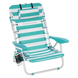 Tragbarer Klappstuhl in Grün-Weiß für Strand und Outdoor-Aktivitäten mit verstellbarer Rückenlehne, Armlehnen und Seitentaschen.