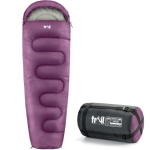 Trail 1-Personen Schlafsack für Erwachsene in lila, ideal für 3 Jahreszeiten Camping, mit Hohlfaserfüllung und Wasserresistenter Außenseite.