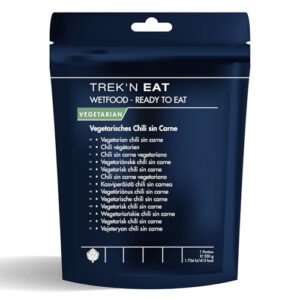 Trek'n Eat Vegetarisches Chili sin Carne in robuster Verpackung für Outdoor-Aktivitäten, sofort verzehrfertig ohne Kochen.