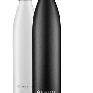 LINFELDT 1L Trinkflasche aus Edelstahl, isoliert, auslaufsicher, geeignet für Sport und kohlensäurehaltige Getränke, 24 Stunden kalt und 12 Stunden heiß, ergonomisches Design in Schwarz.
