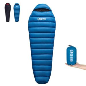 Blauer Ultraleichter Daunenschlafsack für 3 Jahreszeiten, ideal für Camping und Trekking mit einer kompakten Größe und hochwertiger Isolierung.
