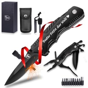 Multifunktionales Taschenmesser mit schwarzer Klinge und Edelstahlgriff für Outdoor-Aktivitäten, ideal als Vatertagsgeschenk für Väter und Stiefväter