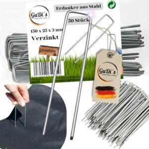 Set von 50 verzinkten Erdnägeln aus Stahl zur Befestigung von Unkrautvlies und Gartenvlies im Gartenbau, Maße 150mm x 25mm x 3mm.