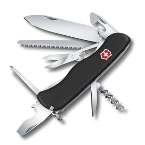 VICTORINOX Schweizer Taschenmesser Outrider in Schwarz mit 14 Funktionen, einschließlich feststellbarer Klinge, Dosenöffner, Schraubendreher und Korkenzieher, ideal für Outdoor-Aktivitäten und den täglichen Gebrauch.