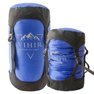 Vihir Kompressionssack in drei Größen 10L, 14L, 20L, ideal für Camping und Wandern, wasserfest und platzsparend.
