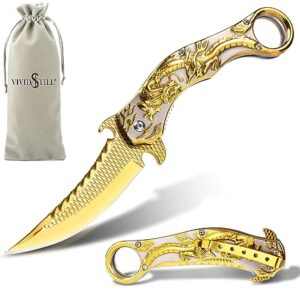 Vividstill Drache Klappmesser mit goldfarbenem Griff und 3D Drache Design, ideal für Outdoor Aktivitäten und als Geschenk für Männer