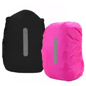 Zwei wasserdichte Regenhüllen für Rucksäcke in Schwarz und Rosa mit reflektierenden Streifen für erhöhte Sicherheit bei Outdoor-Aktivitäten.