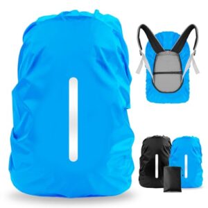 Wasserfeste Regenhülle in Blau und Schwarz für Rucksäcke, geeignet für Volumen von 26 bis 40 Litern, mit reflektierenden Streifen und verstellbarer Schnalle, ideal für Outdoor-Aktivitäten.