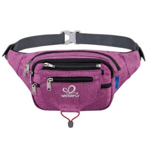 WATERFLY Bauchtasche in Lila mit mehreren Reißverschlusstaschen, verstellbarem Gurt und wasserabweisendem Material für sportliche Aktivitäten wie Laufen, Wandern und Joggen.