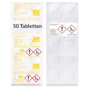 Wicked Chili 50 Stück Wassertabletten zur Trinkwasserentkeimung in einer professionell gestalteten Verpackung mit Sicherheitswarnungen.