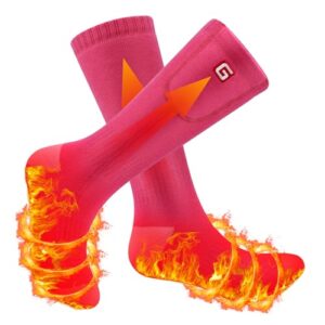 Wiederaufladbare elektrische Heizsocken in neon-pink mit dynamischen Flammenmotiven für optimale Wärme und Komfort bei Outdoor-Aktivitäten und winterlichen Sportarten.