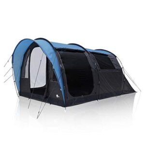 Tunnelzelt Bora für 4 Personen mit einem modernen Design, ausgestattet mit einem blauen Dach, schwarzen Seiten und großen Moskitonetz-Eingängen, ideal für Camping im Freien.