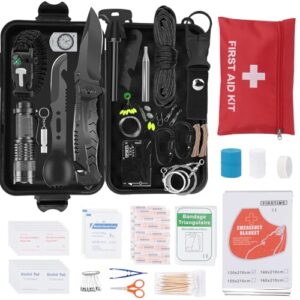 Unverzichtbares Notfall-Kit für Outdoor und Zuhause, umfangreiches Set mit Werkzeugen, Erste Hilfe-Artikeln und anderen wichtigen Gegenständen für eine Überlebenssituation.