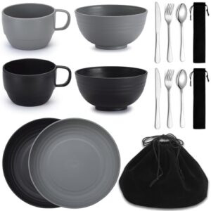 Berglander Campingbesteck Set 2 Stück, wiederverwendbares Besteck-Sets aus rostfreiem Edelstahl mit Messer, Gabel, Löffel, Tassen und Teller sowie Schüsseln für Reisen, Picknicks und Grillabende