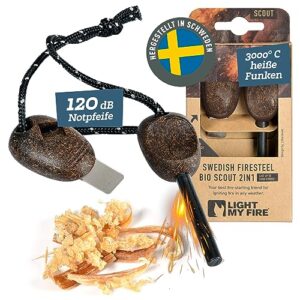 LIGHT MY FIRE Feuerstahl Outdoor Scout 2-in-1 mit Notfallpfeife, Feuerstahl Survival Gadget Feuerstein Feuerzeug, Ewiges Streichholz mit Bio-basierter Kunststoffgriff 3000 Zündungen