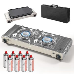 Gaskocher 2-flammig, Campingkocher mit Grillplatte, Gasherd mit Tragekoffer & Piezozündung, Doppelgaskocher für Gaskartuschen MSF-1A, Outdoor Campingkocher, 2x2,2 kW Leistung