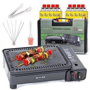 Camping-Gasgrill mit Rost und Grillplatte für Kartuschen und Gasflaschen, inklusive Schaschlikspießen
