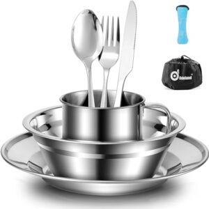 Odoland Campingbesteck Set 8 teiliges Outdoor Reisebesteck aus Edelstahl mit Klappbesteck, Teller, Schüssel und Tasse für Camping und Outdoor-Kochgeschirr