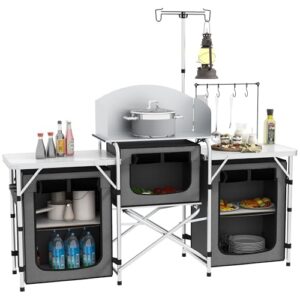 Campingküche, mobile Küche, Aluminiumgestell, Lichtständer, Campingküche mit Stauraum und Arbeitsplatte für Outdoor-Abenteuer