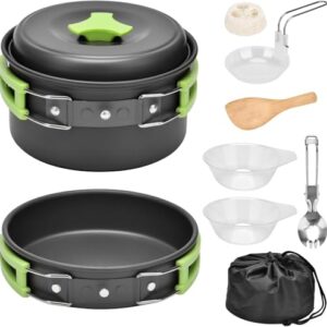 Camping Cookware Set, 10-teilig, inkl. Pfanne, Kochtopf, Deckel, Schüsseln und Utensilien, ideal für Camping, Picknicks und Outdoor-Aktivitäten