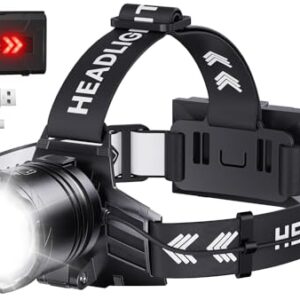 Superhelle LED Stirnlampe mit 120000 Lumen, wiederaufladbare Batterie und 5 Lichtmodi für verschiedene Anwendungen wie Camping, Joggen oder Arbeiten im Dunkeln.