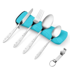 Vicloon Edelstahl Gabel und Löffel Campingbesteck, 6 Stück Reisebesteck Tragbares mit Gabel, Löffel, Flaschenöffner und Bestecktasche, ideal für Outdoor-Aktivitäten