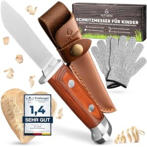 Schnitzmesser Set für Kinder ab 5 Jahren mit Taschenmesser, Messerscheide und Schnittfeste Handschuhen - umfassendes Angebot für sicheres Schnitzen