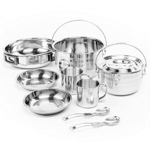 9-teiliges Premium Camping Kochset & Geschirr aus Edelstahl - Töpfe, Geschirr & Besteck von Bramble