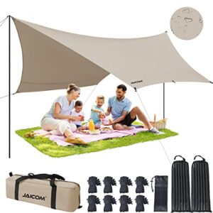 JAICOM Tarp 3,7 x 4,3 Wasserdicht, Ultraleicht Zeltplane mit Stützstangen, Ösen, Aluminiumstiften, Nylonseil, UV und Regenbeständig für Zelte, Hängematten, Höfe, Strandsonnenschutz