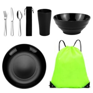 Camping-Besteck-Set aus wiederverwendbarem, leichtem Material mit Tasche. Inklusive Teller, Schalen, Becher und Edelstahlbesteck für Camping, Wandern und Picknicks.